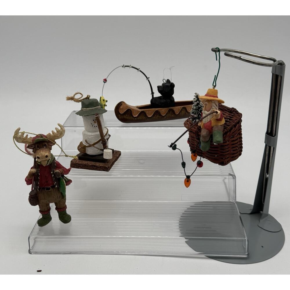 Lot Of 4 Fishing Ornaments Bear In Canoe Moose W/net Santa On Basket S’more